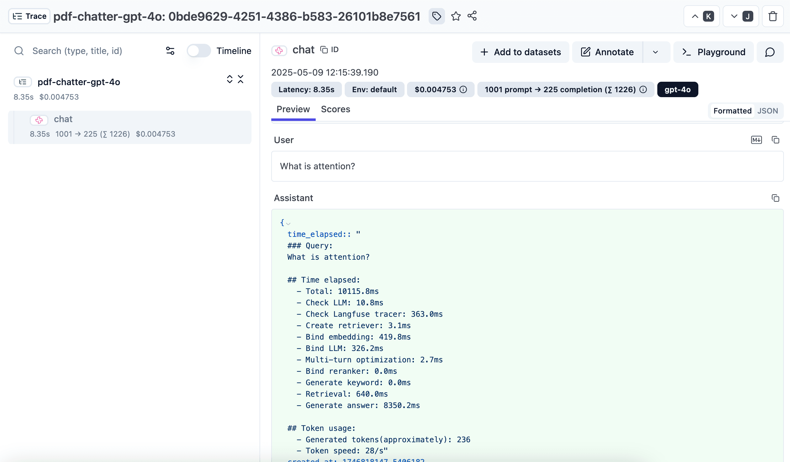 Example Ragflow trace in
Langfuse
