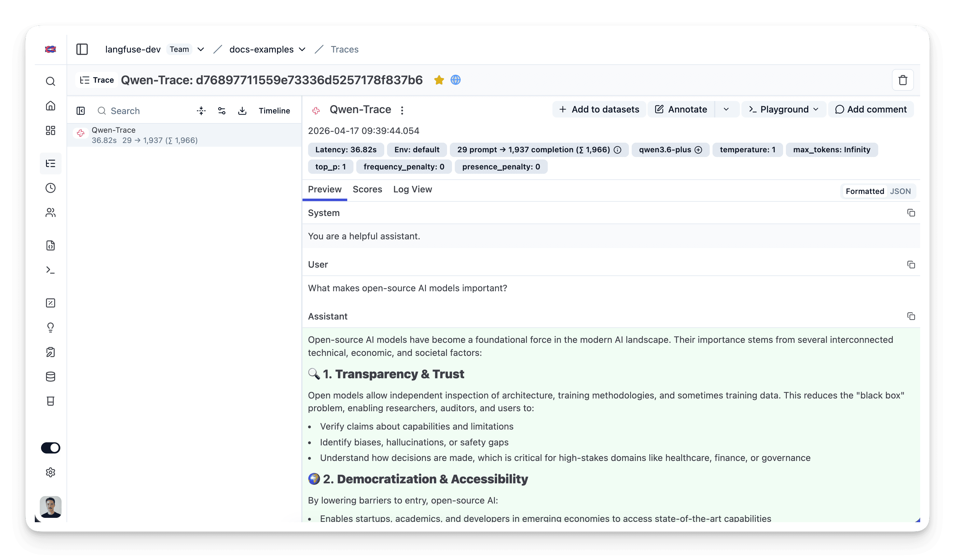 Example Qwen trace in Langfuse